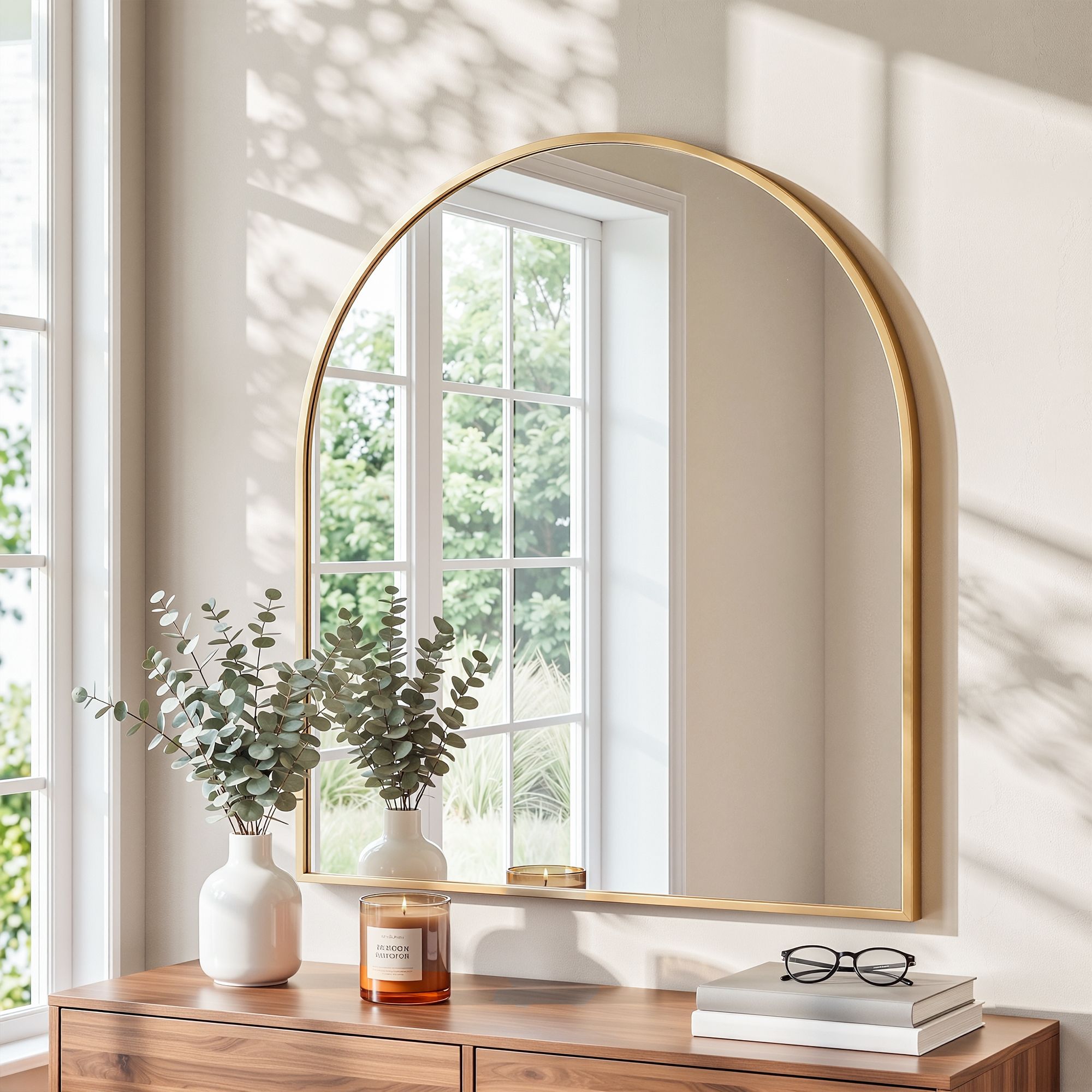 Arch Wall Mirror, Decorative Gold Frame Mirrors, 86x81cm Bathroom Vanity Mirror, Slim Frame for Living Room Entryway Bedroom Decor