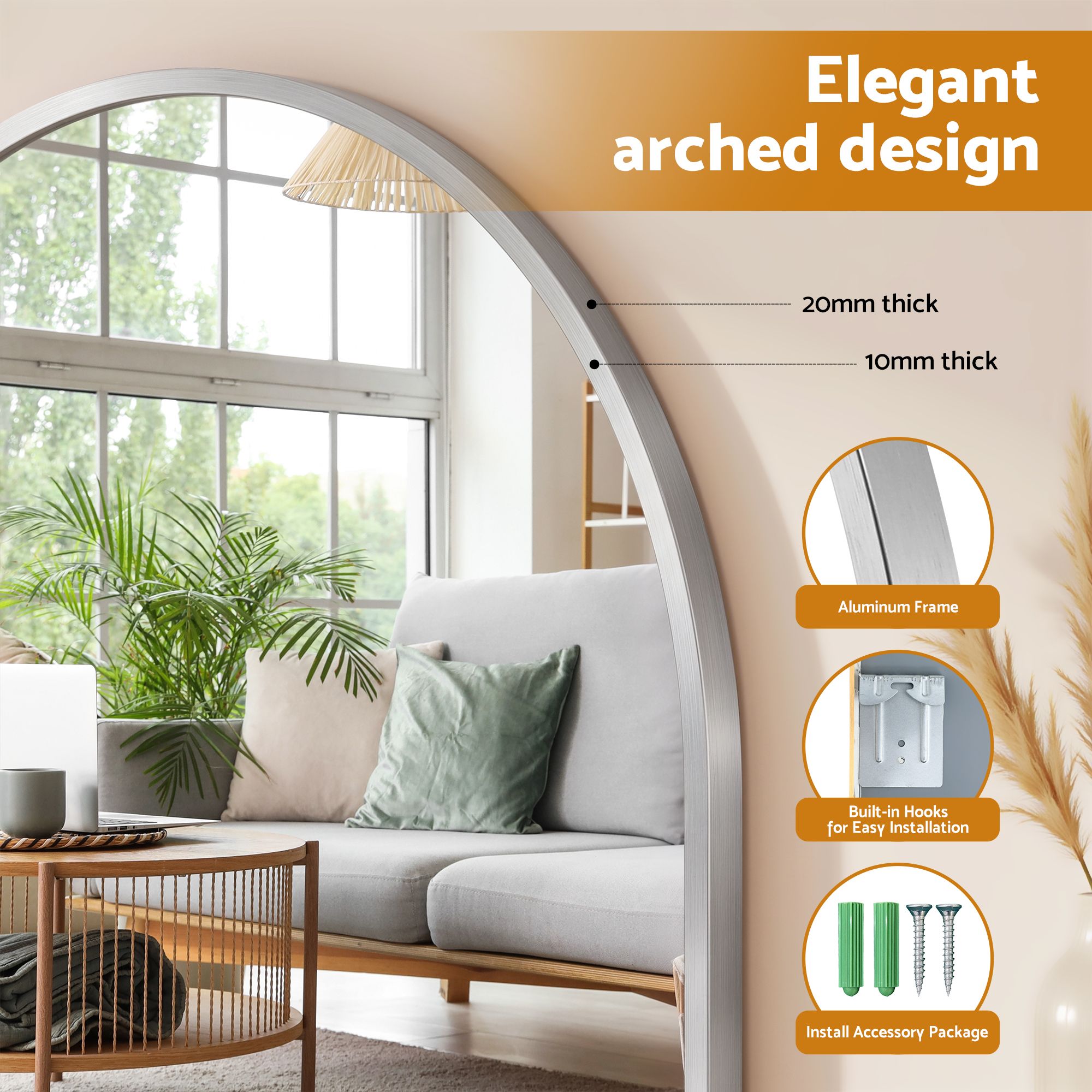 Arch Wall Mirror, Decorative Silver Frame Mirrors, 86x50cm Bathroom Vanity Mirror, Slim Frame for Living Room Entryway Bedroom Decor
