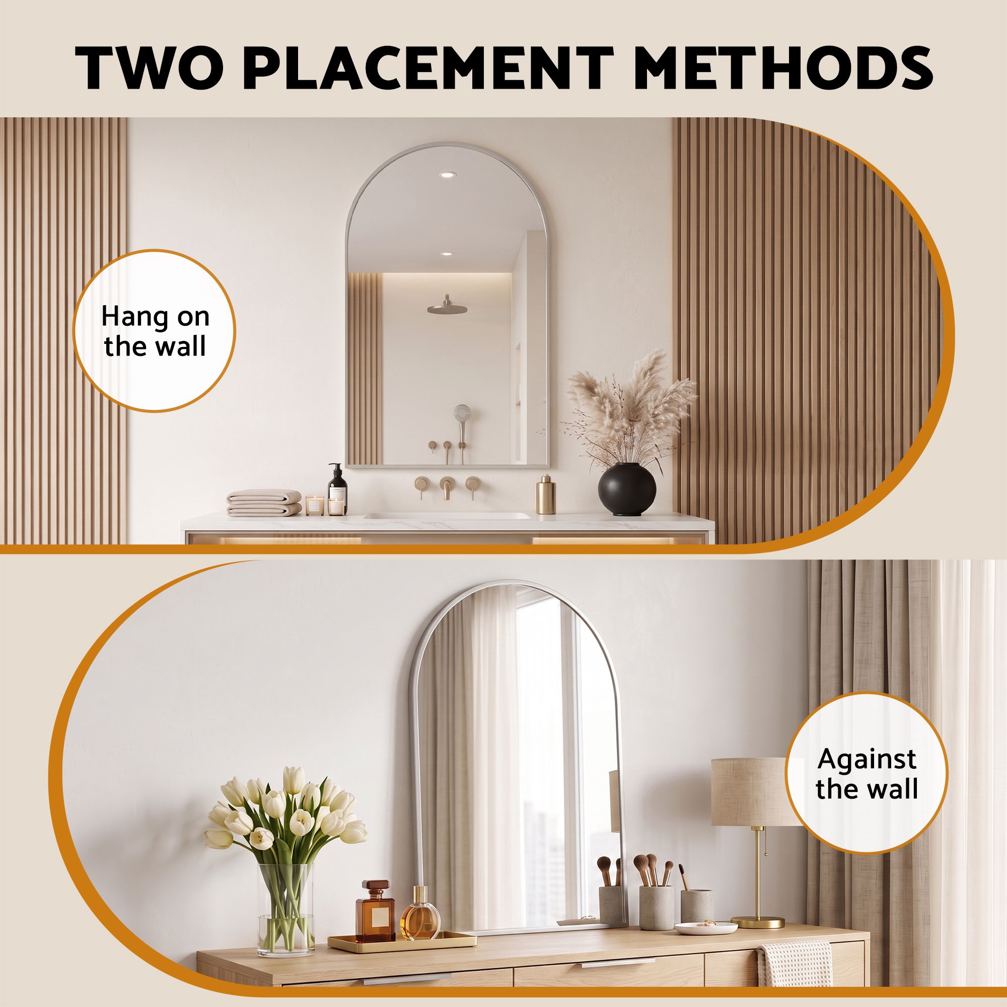 Arch Wall Mirror, Decorative Silver Frame Mirrors, 86x50cm Bathroom Vanity Mirror, Slim Frame for Living Room Entryway Bedroom Decor