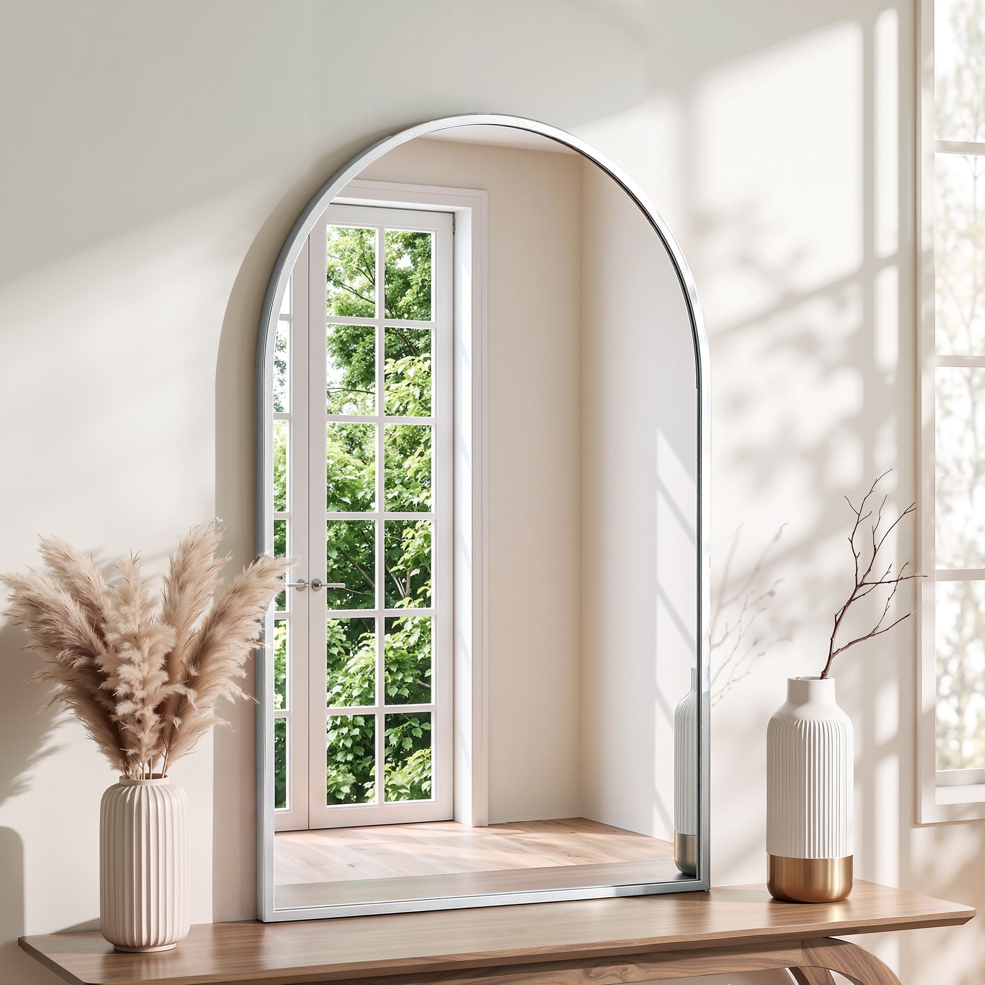 Arch Wall Mirror, Decorative Silver Frame Mirrors, 86x50cm Bathroom Vanity Mirror, Slim Frame for Living Room Entryway Bedroom Decor