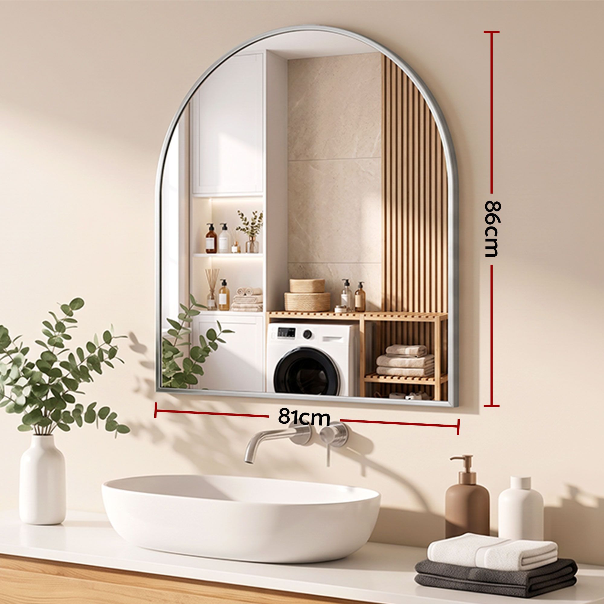 Arch Wall Mirror, Decorative Silver Frame Mirrors, 86x81cm Bathroom Vanity Mirror, Slim Frame for Living Room Entryway Bedroom Decor