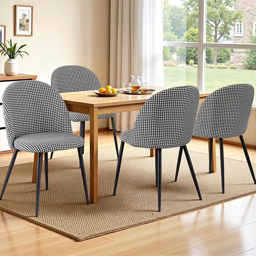Dining Chairs Set of 4 Linen Solid Curved Houndstooth