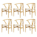 Set of 6 Dining Chairs Wooden Rattan Seat Wishbone Back