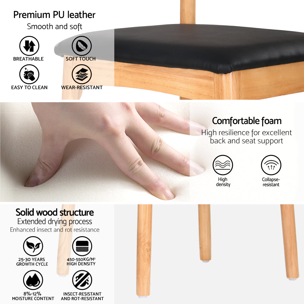 Set of 2 Dining Chairs Rubber Wood Leather Seat Black