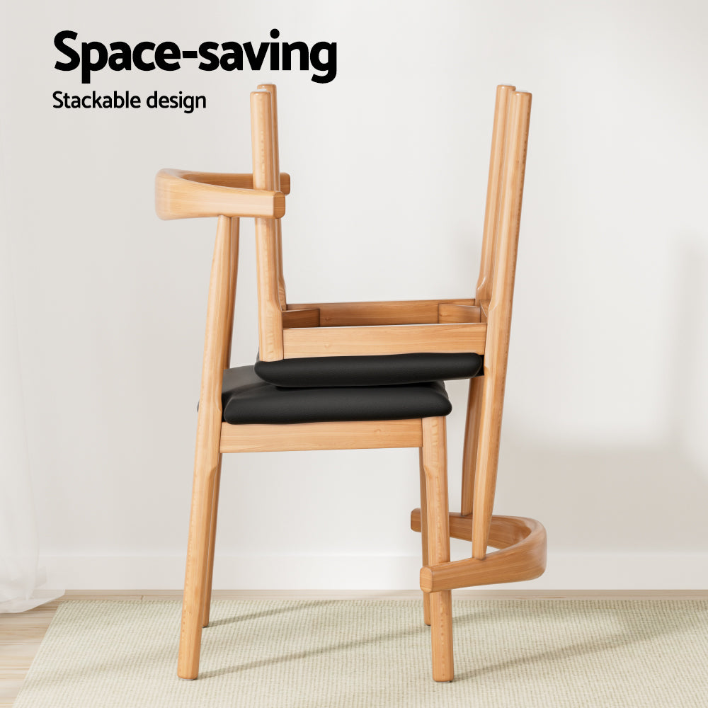 Set of 2 Dining Chairs Rubber Wood Leather Seat Black