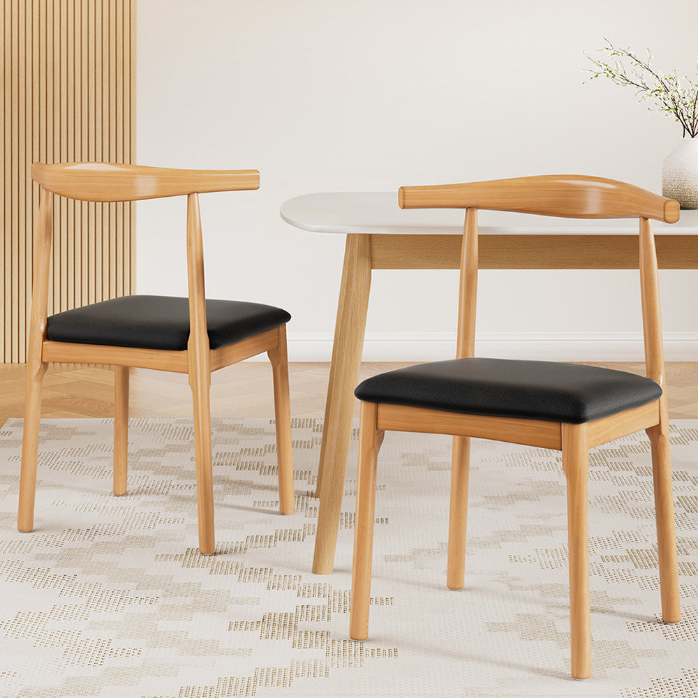 Set of 2 Dining Chairs Rubber Wood Leather Seat Black