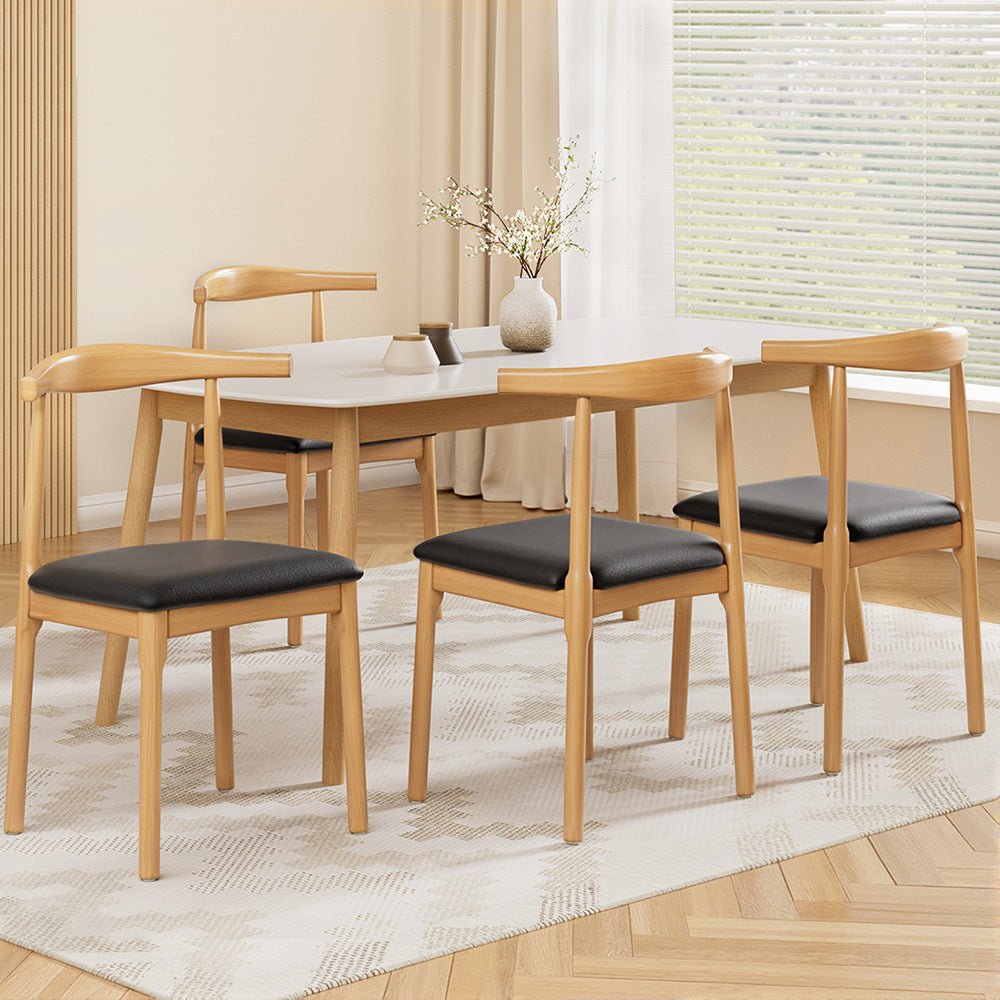 4x Dining Chairs Rubber Wood Leather Seat Black