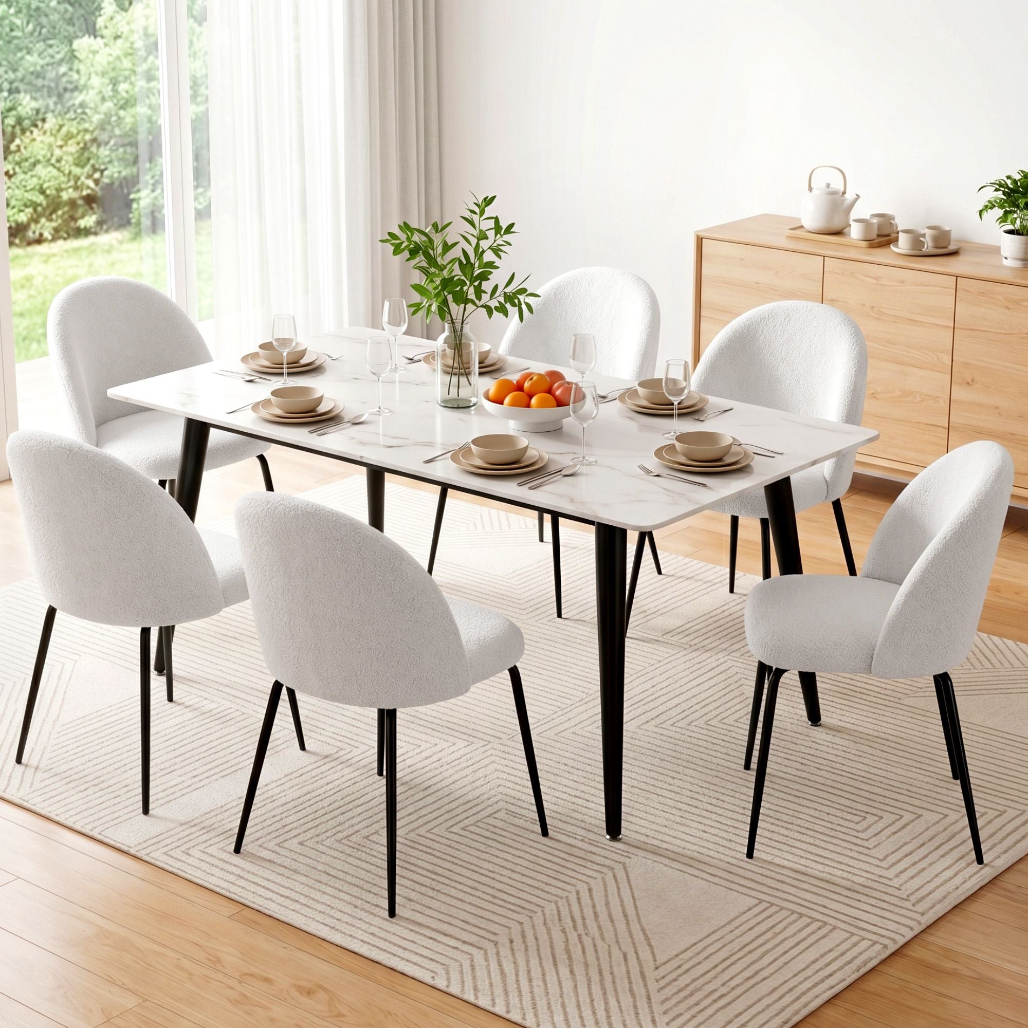 Dining Chairs Set of 6 Sherpa Boucle White