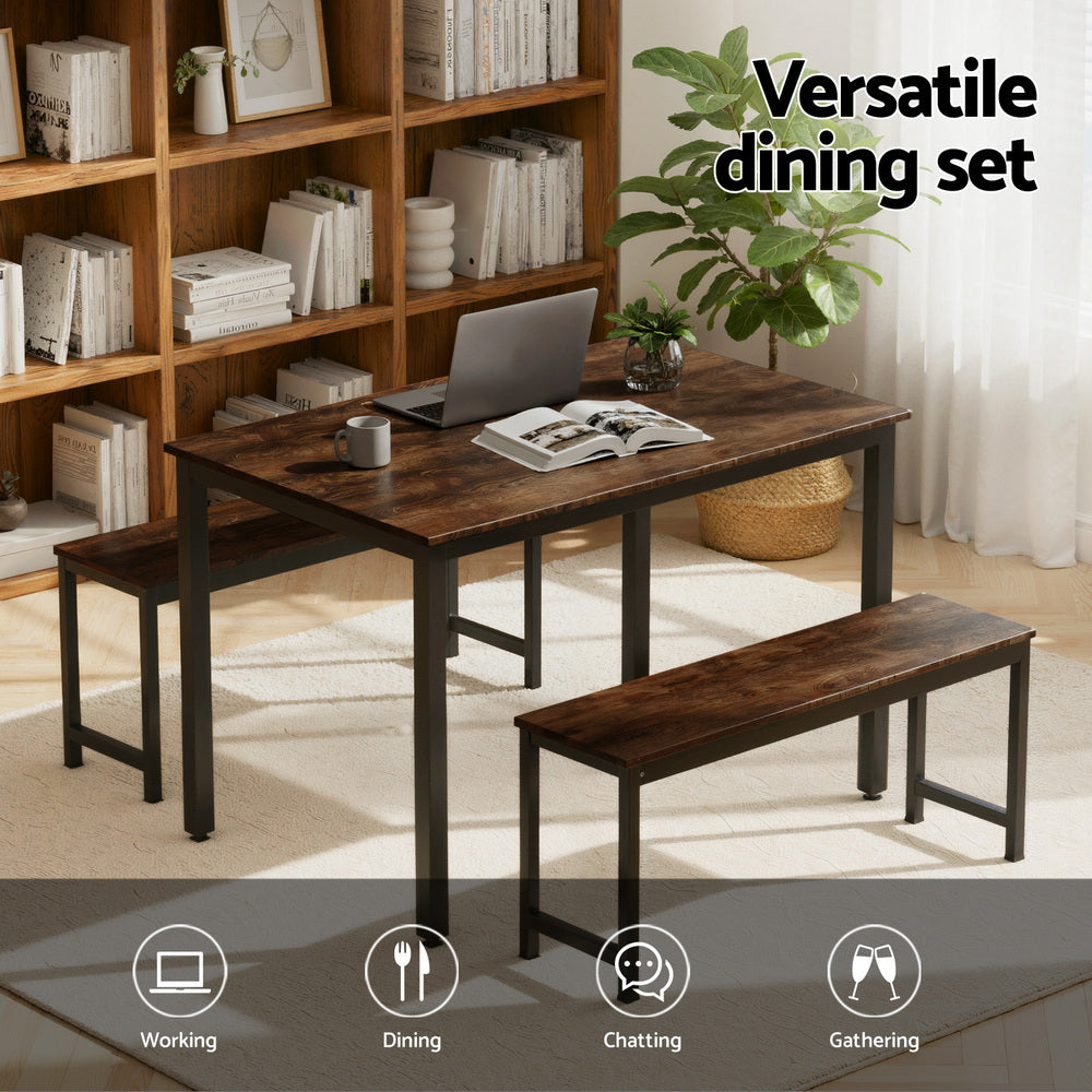 Dining Table and Chairs Set 3PCS Kitchen Metal Desk Bench Dark Walnut