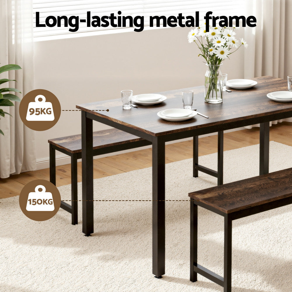 Dining Table and Chairs Set 3PCS Kitchen Metal Desk Bench Dark Walnut