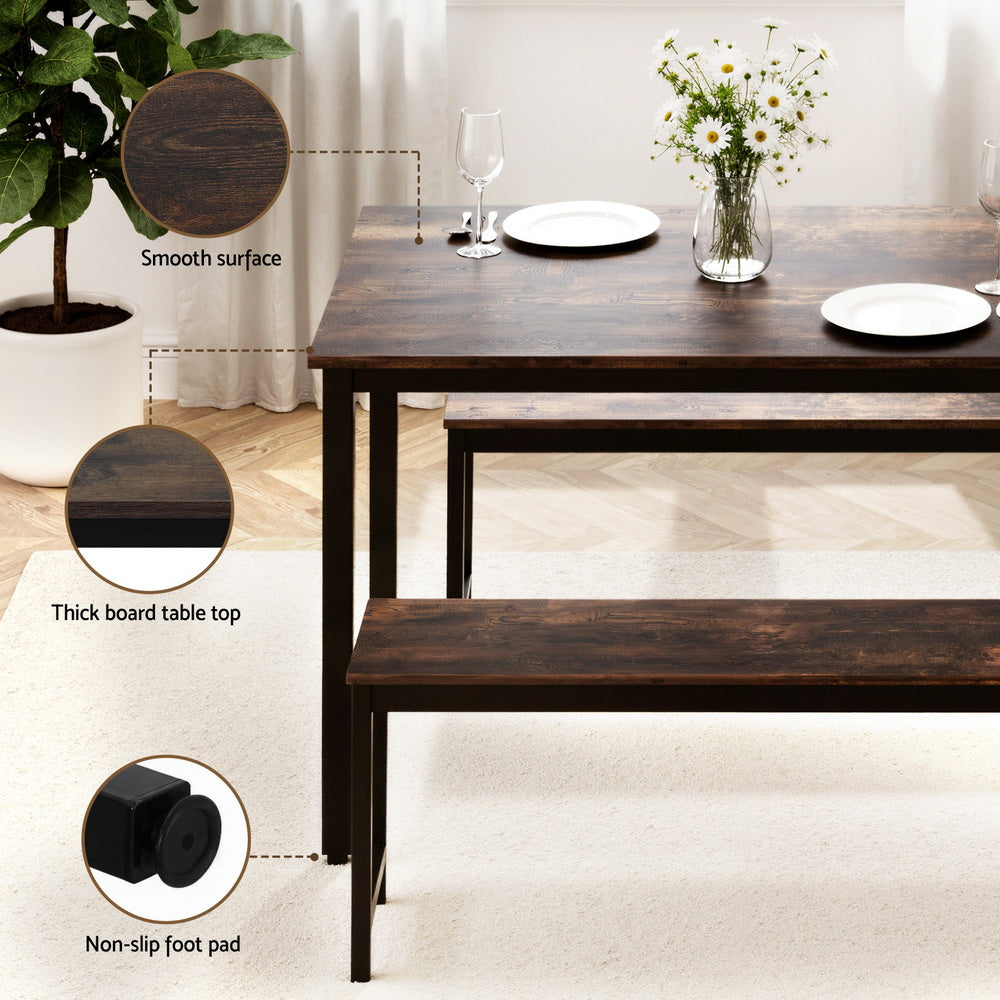 Dining Table and Chairs Set 3PCS Kitchen Metal Desk Bench Dark Walnut