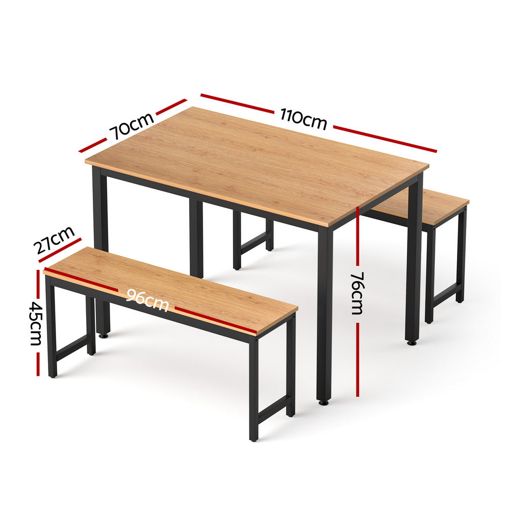 Dining Table and Chairs Set 3PCS Kitchen Metal Desk Bench Natural Oak