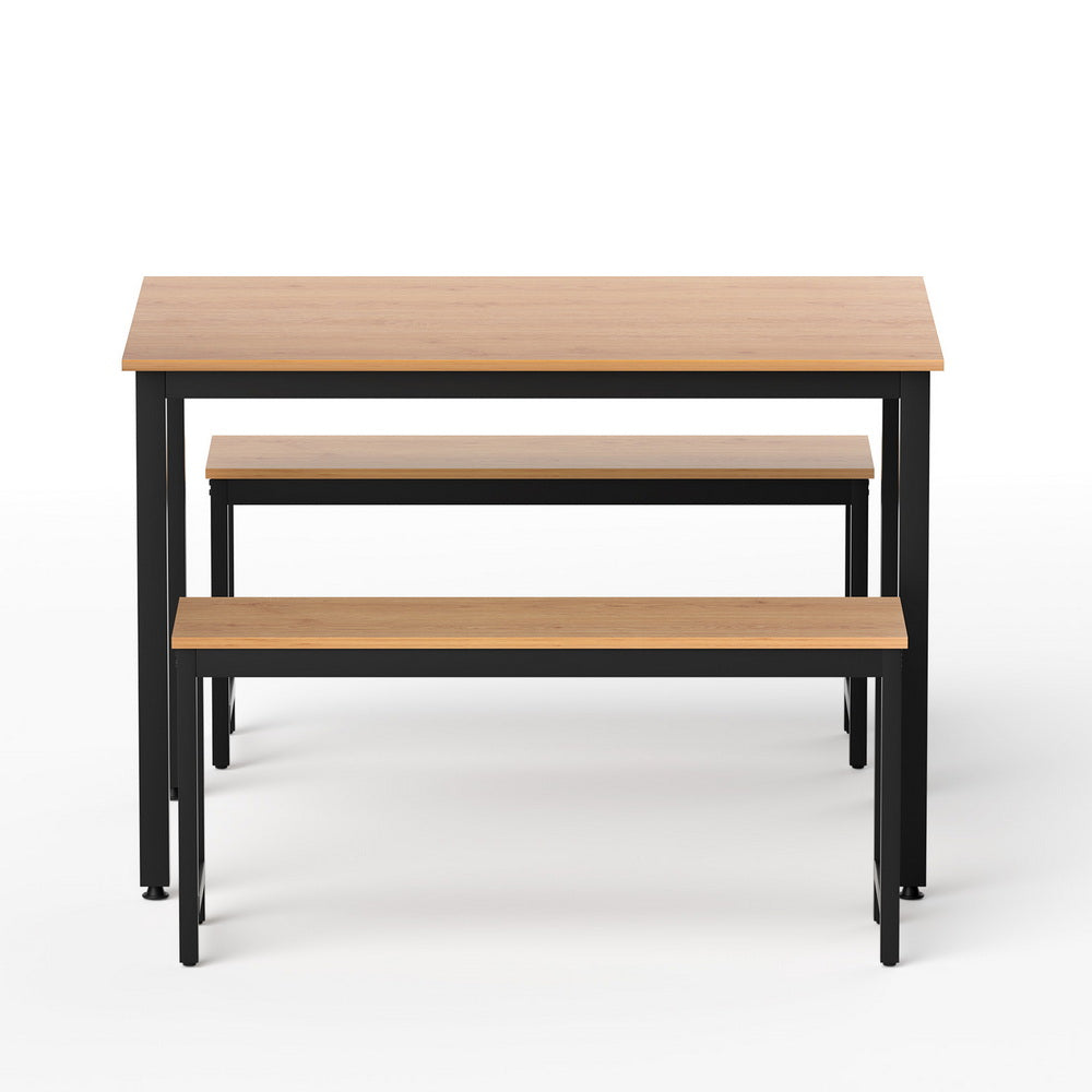 Dining Table and Chairs Set 3PCS Kitchen Metal Desk Bench Natural Oak