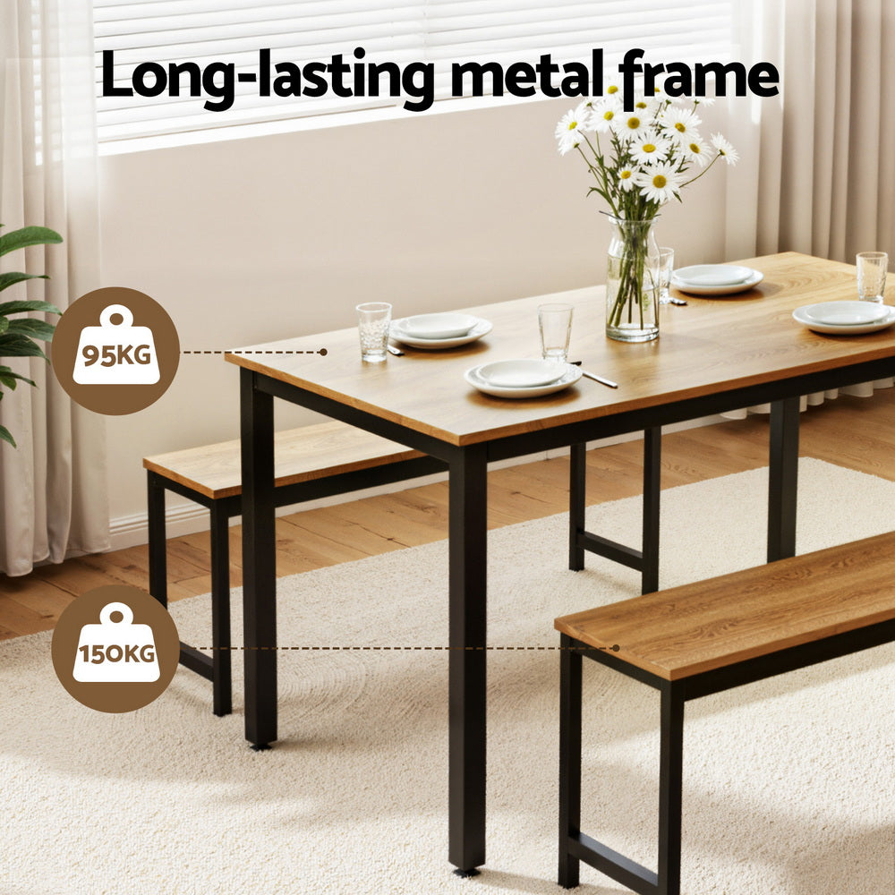 Dining Table and Chairs Set 3PCS Kitchen Metal Desk Bench Natural Oak