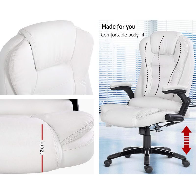 8 Point Massage Office Chair Heated Seat Recliner PU White