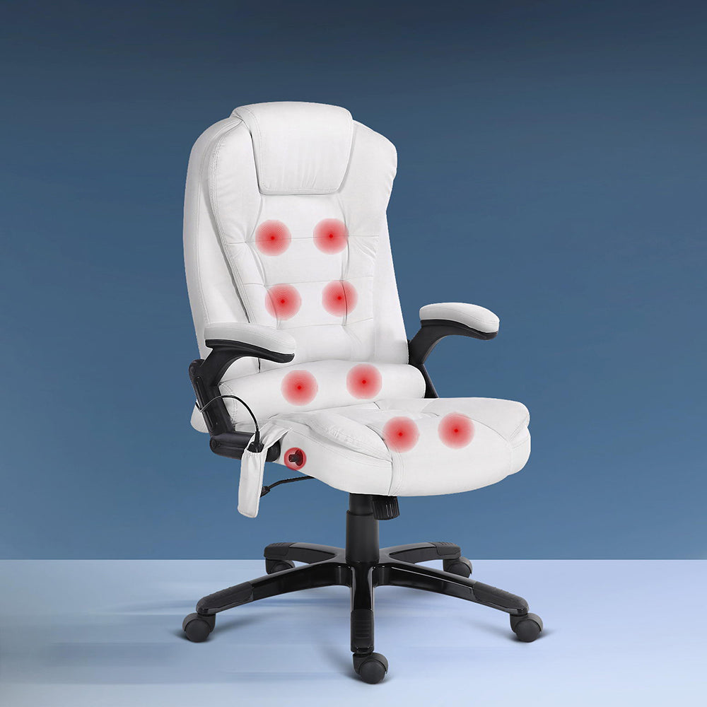 8 Point Massage Office Chair Heated Seat Recliner PU White