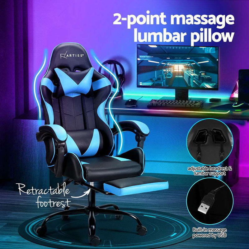 2 Point Massage Gaming Office Chair Footrest Cyan Blue