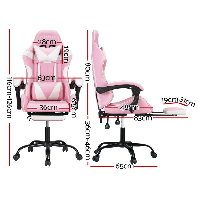 2 Point Massage Gaming Office Chair Footrest Pink