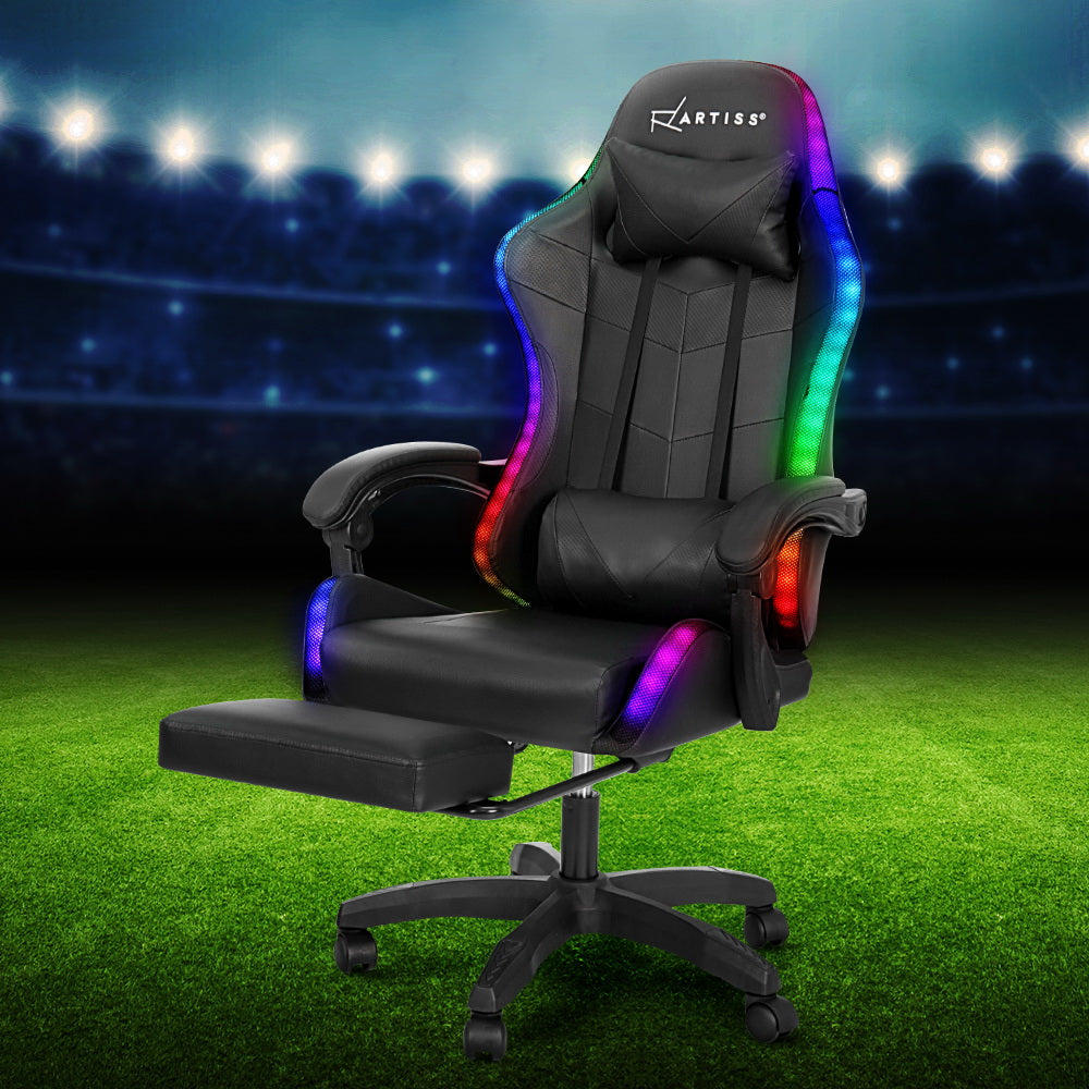 6 Point Massage Gaming Office Chair 7 LED Footrest Black