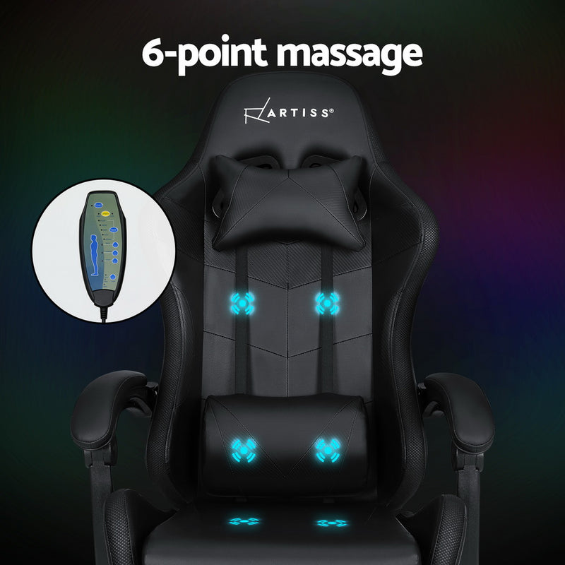 6 Point Massage Gaming Office Chair 7 LED Footrest Black