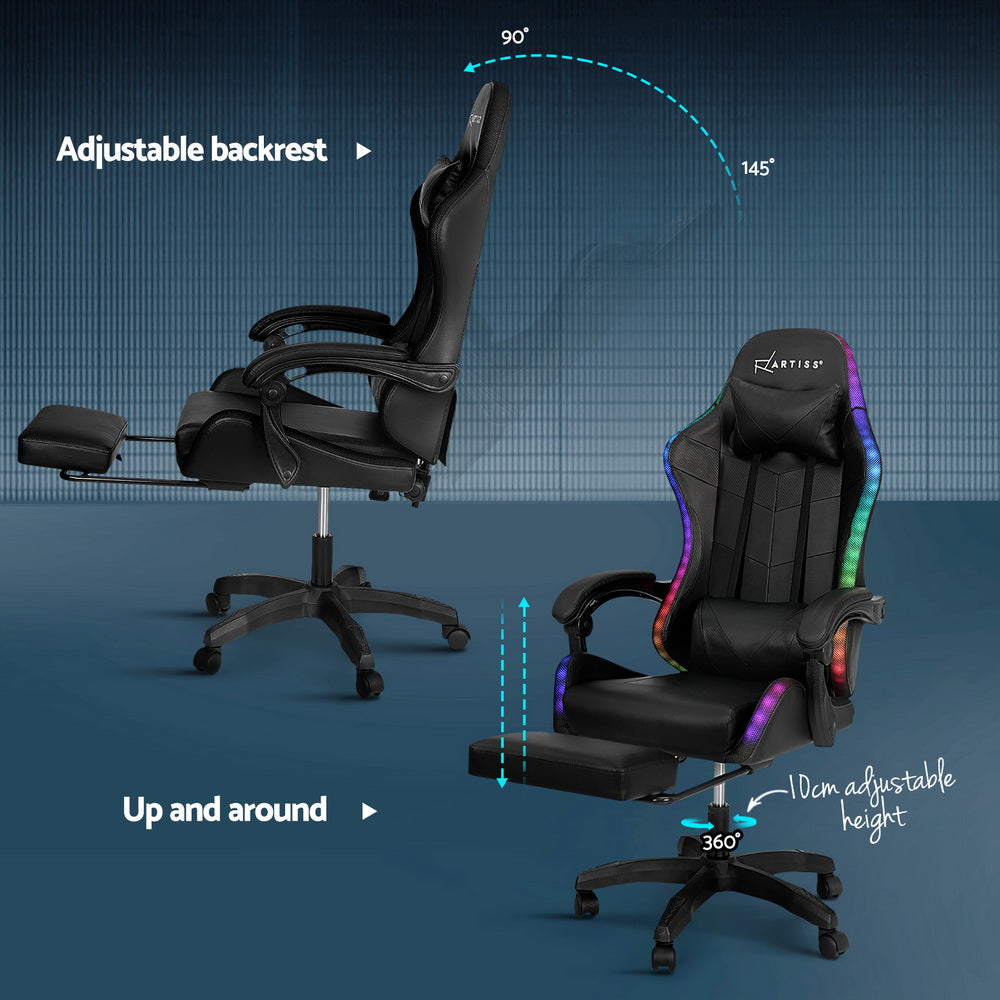 6 Point Massage Gaming Office Chair 7 LED Footrest Black