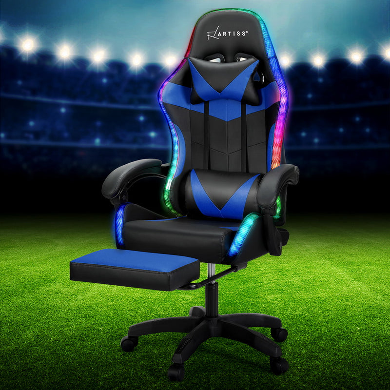 6 Point Massage Gaming Office Chair 7 LED Footrest Blue