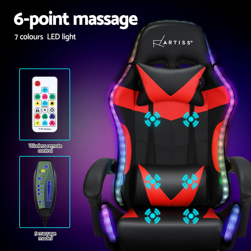 6 Point Massage Gaming Office Chair 7 LED Footrest Red