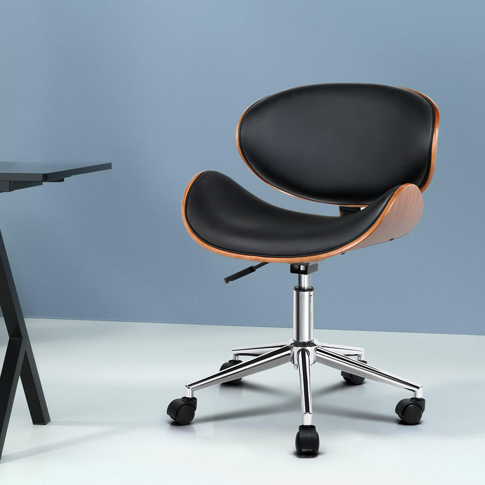 Wooden Office Chair Leather Seat Black