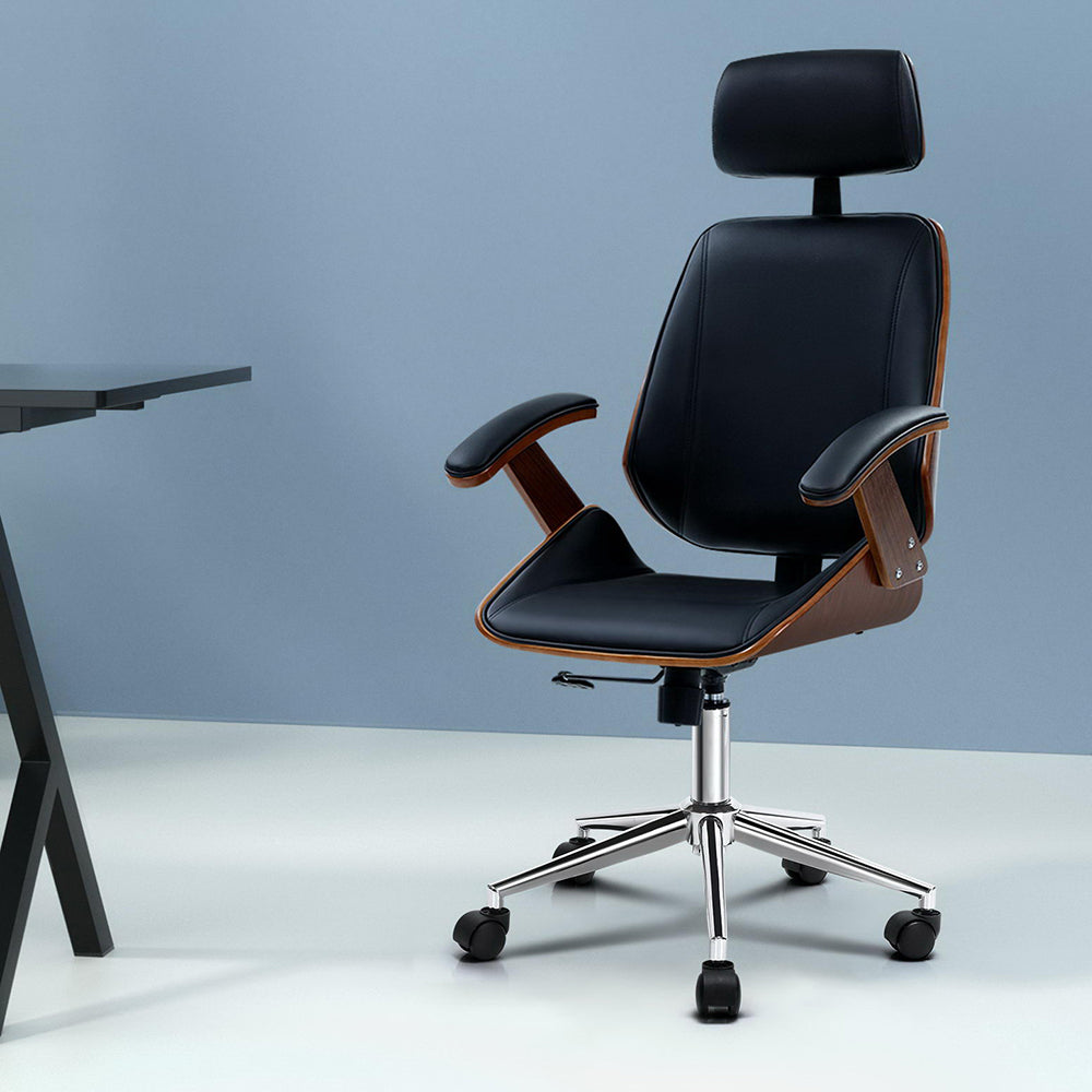 Wooden Office Chair Leather Seat Black