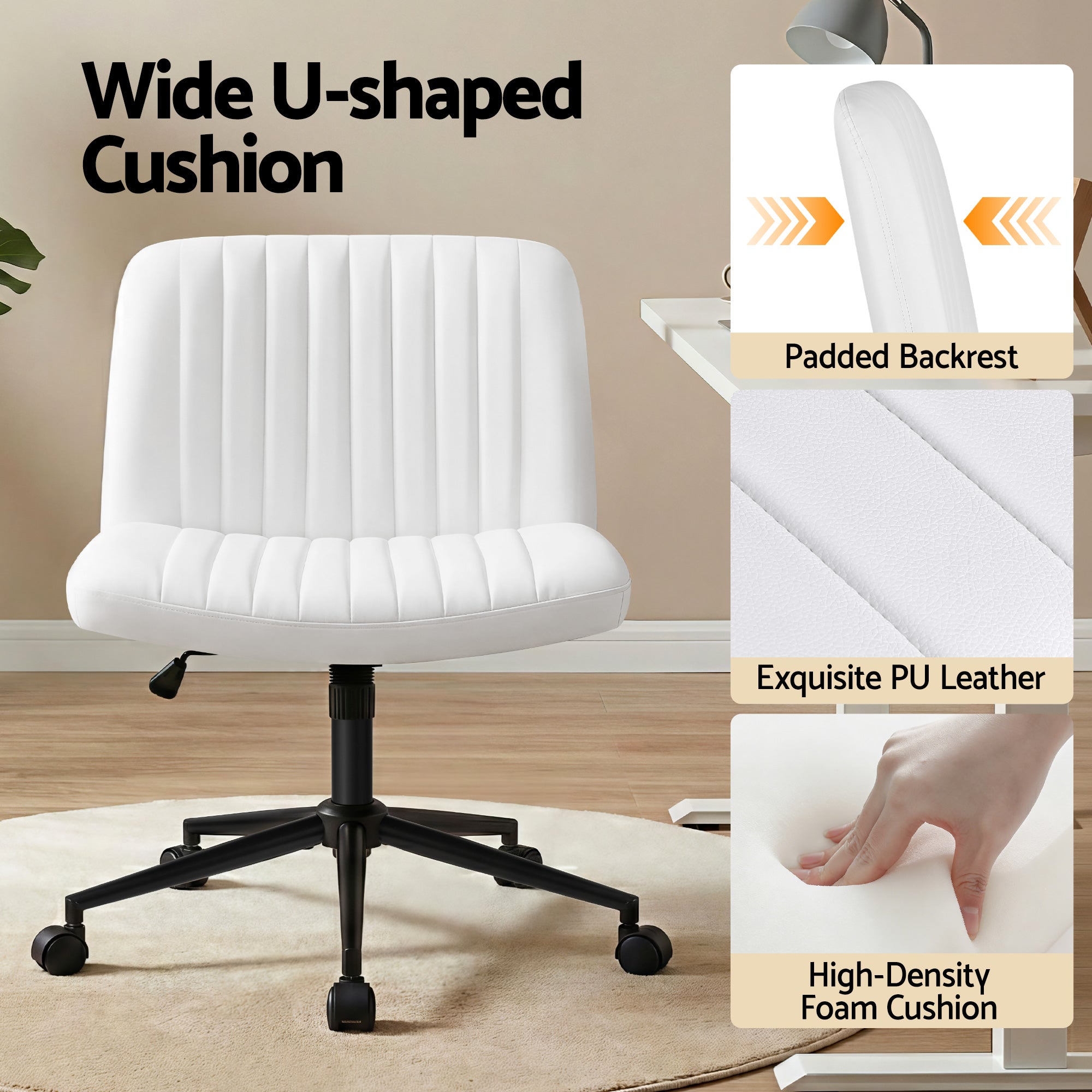 Criss Cross Wide Cross Legged Armless Office Desk Chair with Wheels Height Adjustable Swivel - White