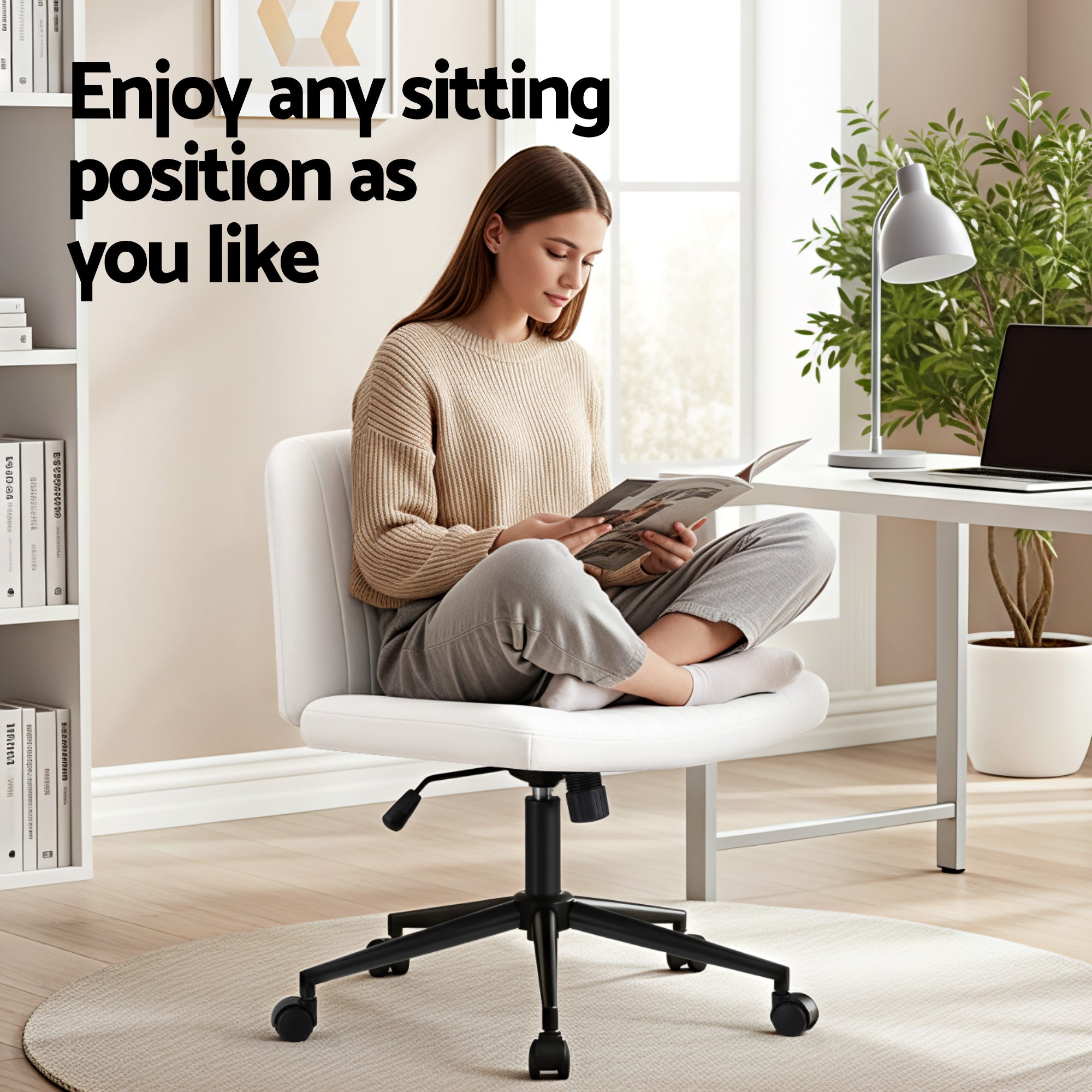 Criss Cross Wide Cross Legged Armless Office Desk Chair with Wheels Height Adjustable Swivel - White
