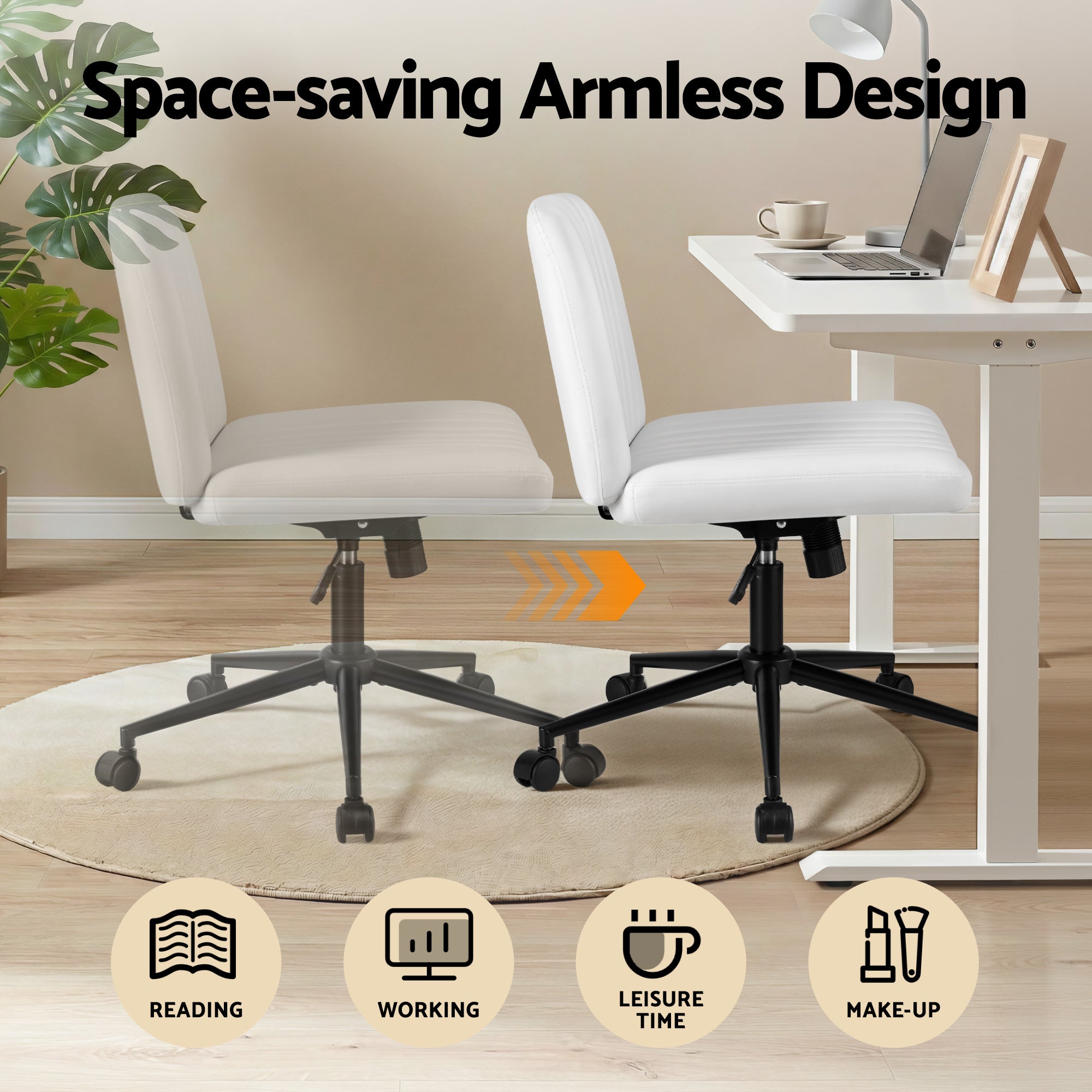 Criss Cross Wide Cross Legged Armless Office Desk Chair with Wheels Height Adjustable Swivel - White
