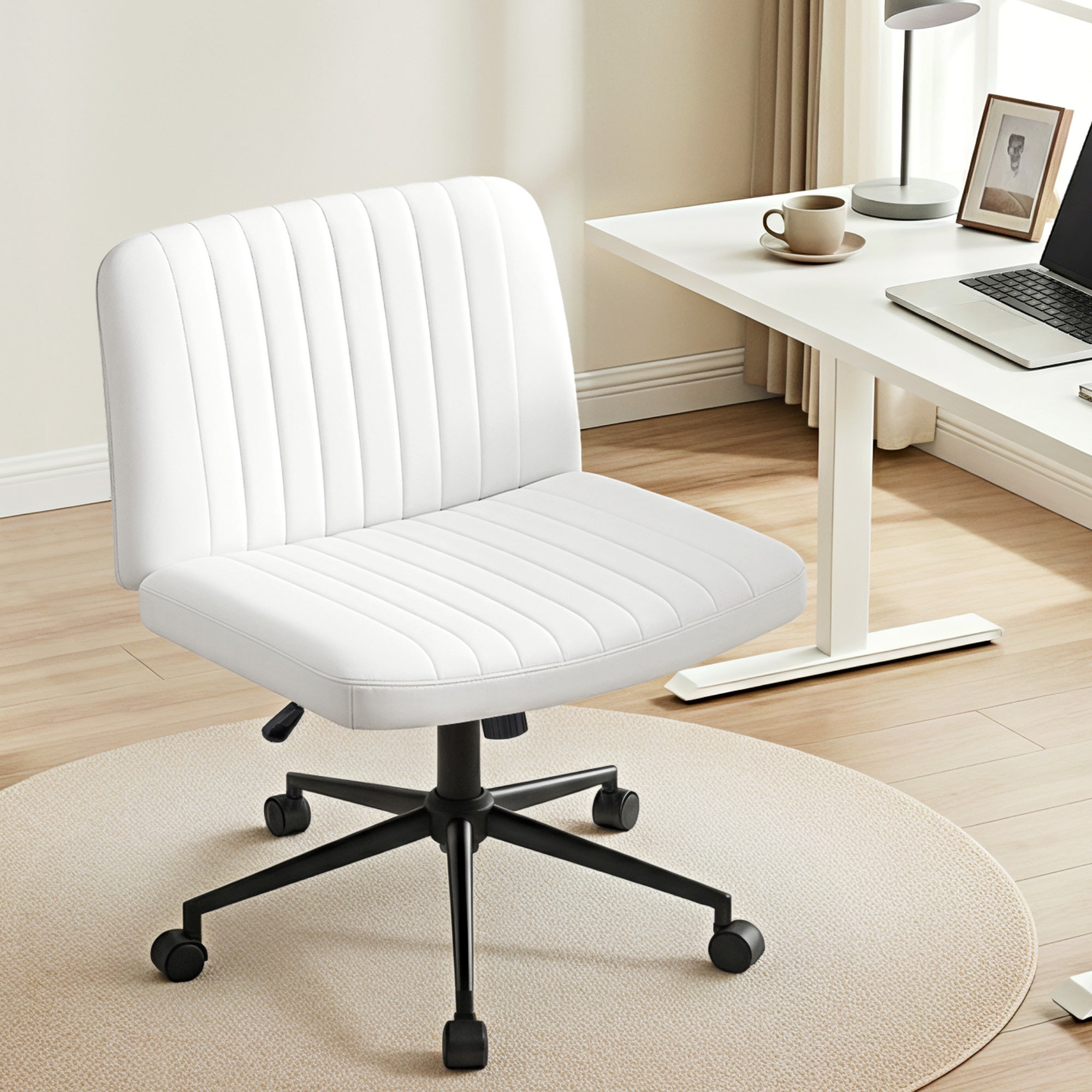 Criss Cross Wide Cross Legged Armless Office Desk Chair with Wheels Height Adjustable Swivel - White