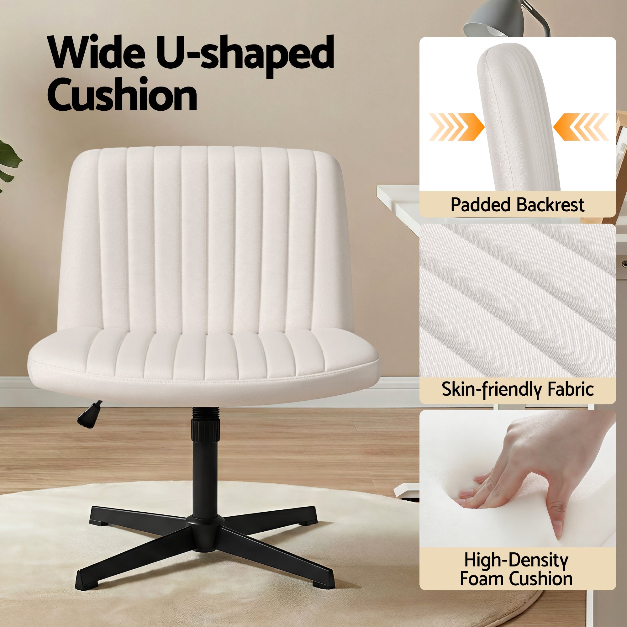 Criss Cross Wide Fabric Office Desk Vanity Chair Armless Swivel Height Adjustable - Beige