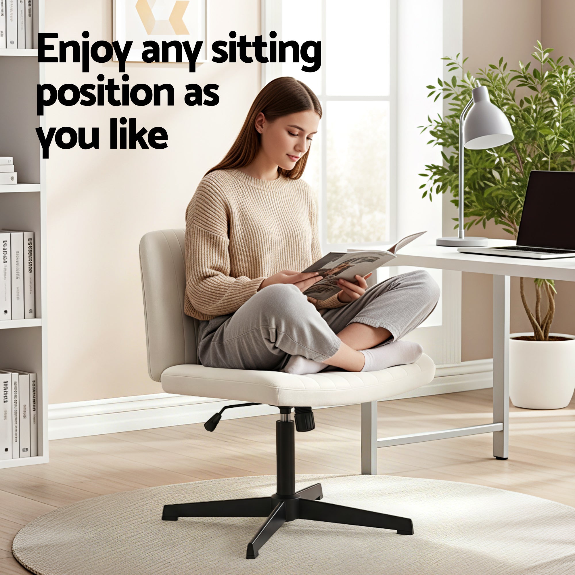 Criss Cross Wide Fabric Office Desk Vanity Chair Armless Swivel Height Adjustable - Beige