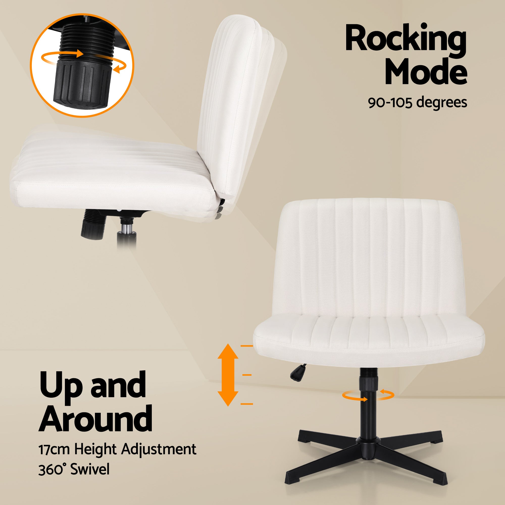 Criss Cross Wide Fabric Office Desk Vanity Chair Armless Swivel Height Adjustable - Beige