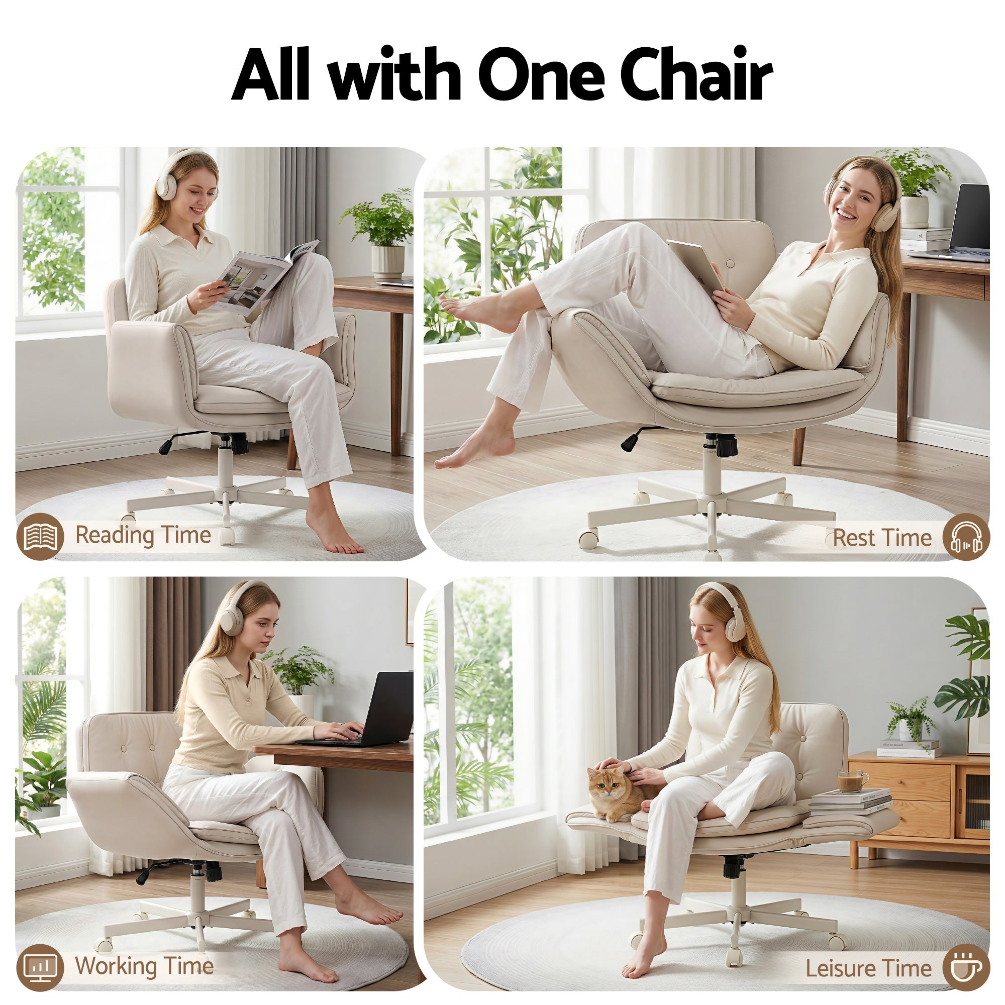 Criss Cross Ergonomic Office Desk Chair with Wheels & Adjustable Armrests - Beige