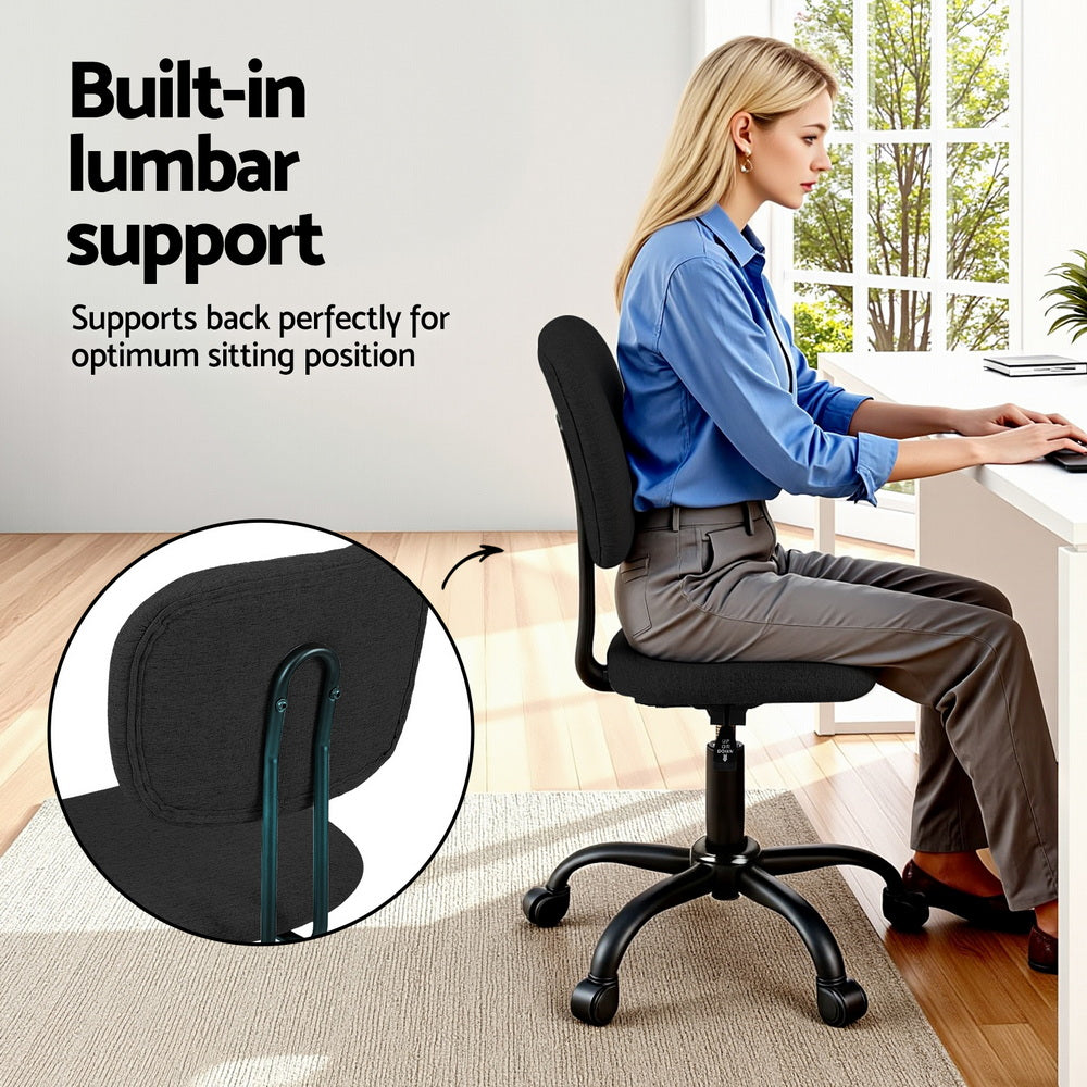 Armless Office Chair with Wheels, Ergonomic 360° Swivel Home Office Desk Chair, Height Adjustable Computer Task Chair with Fabric Back and Seat for Small Space, Black