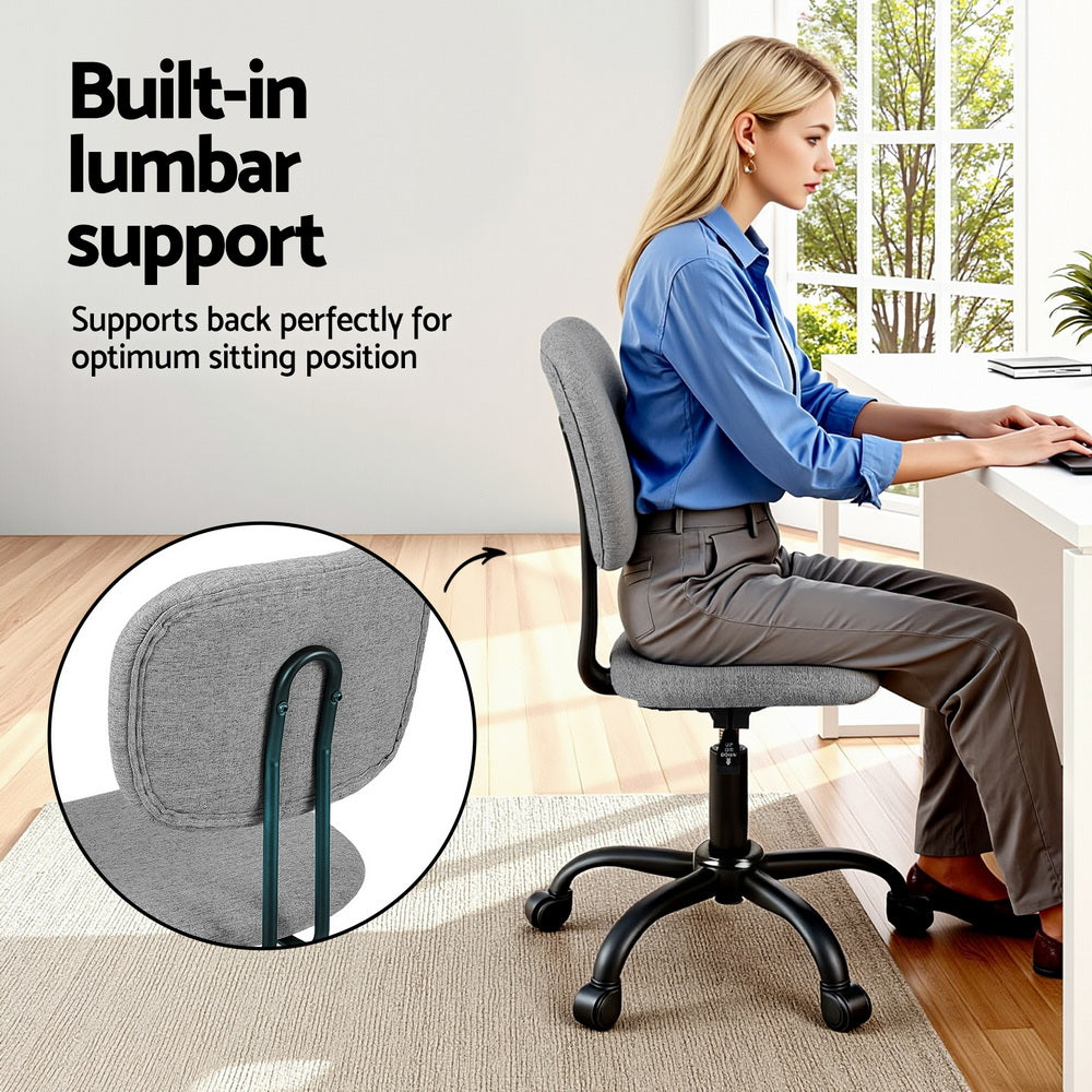Armless Office Chair with Wheels, Ergonomic 360° Swivel Home Office Desk Chair, Height Adjustable Computer Task Chair with Fabric Back and Seat for Small Space, Grey