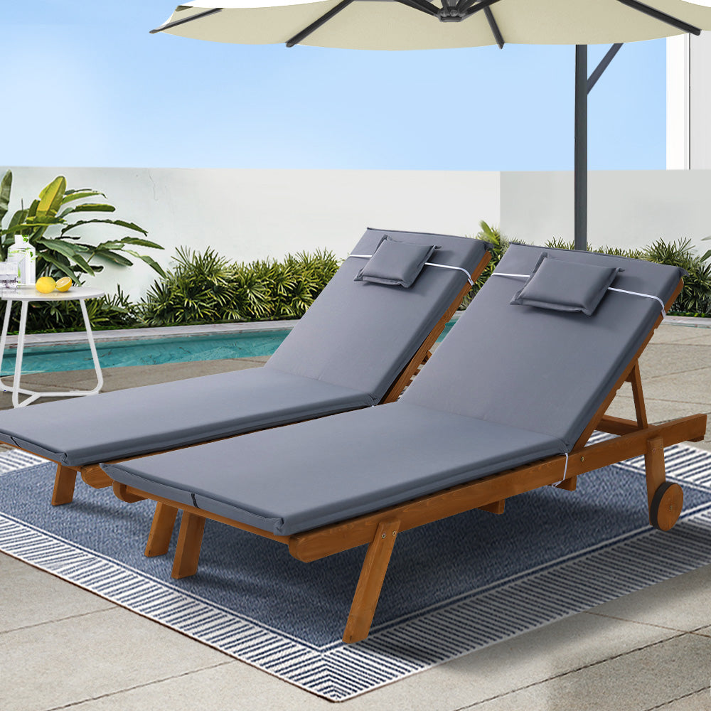 2x Sun Lounge Wooden Lounger Outdoor Furniture Day Bed Wheel Patio Grey