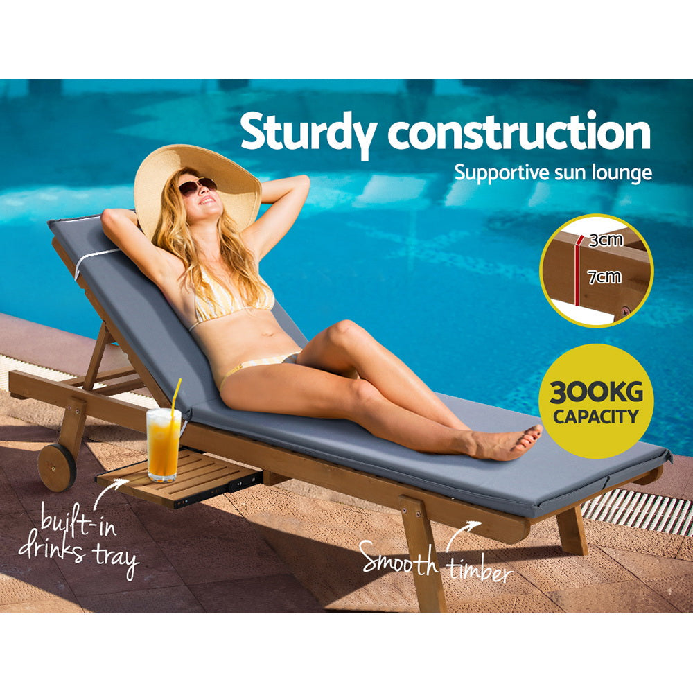 Set of 2 Sun Lounge Wooden Lounger Outdoor Furniture Day Bed Wheel Patio Grey