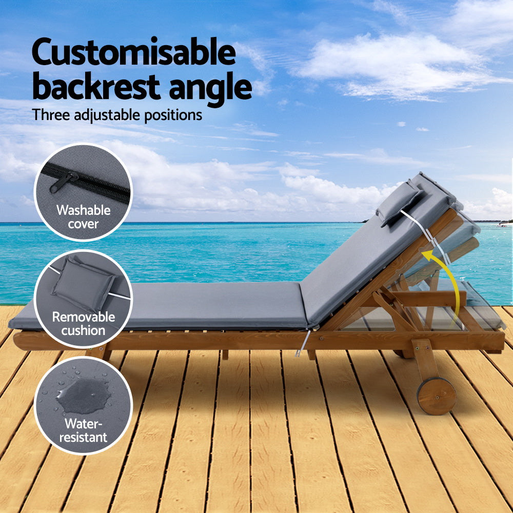 Set of 2 Sun Lounge Wooden Lounger Outdoor Furniture Day Bed Wheel Patio Grey