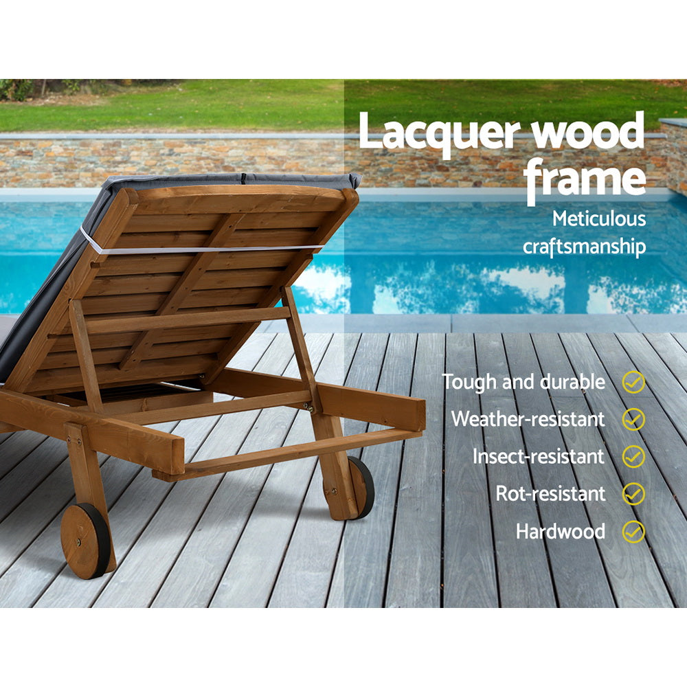 Set of 2 Sun Lounge Wooden Lounger Outdoor Furniture Day Bed Wheel Patio Grey
