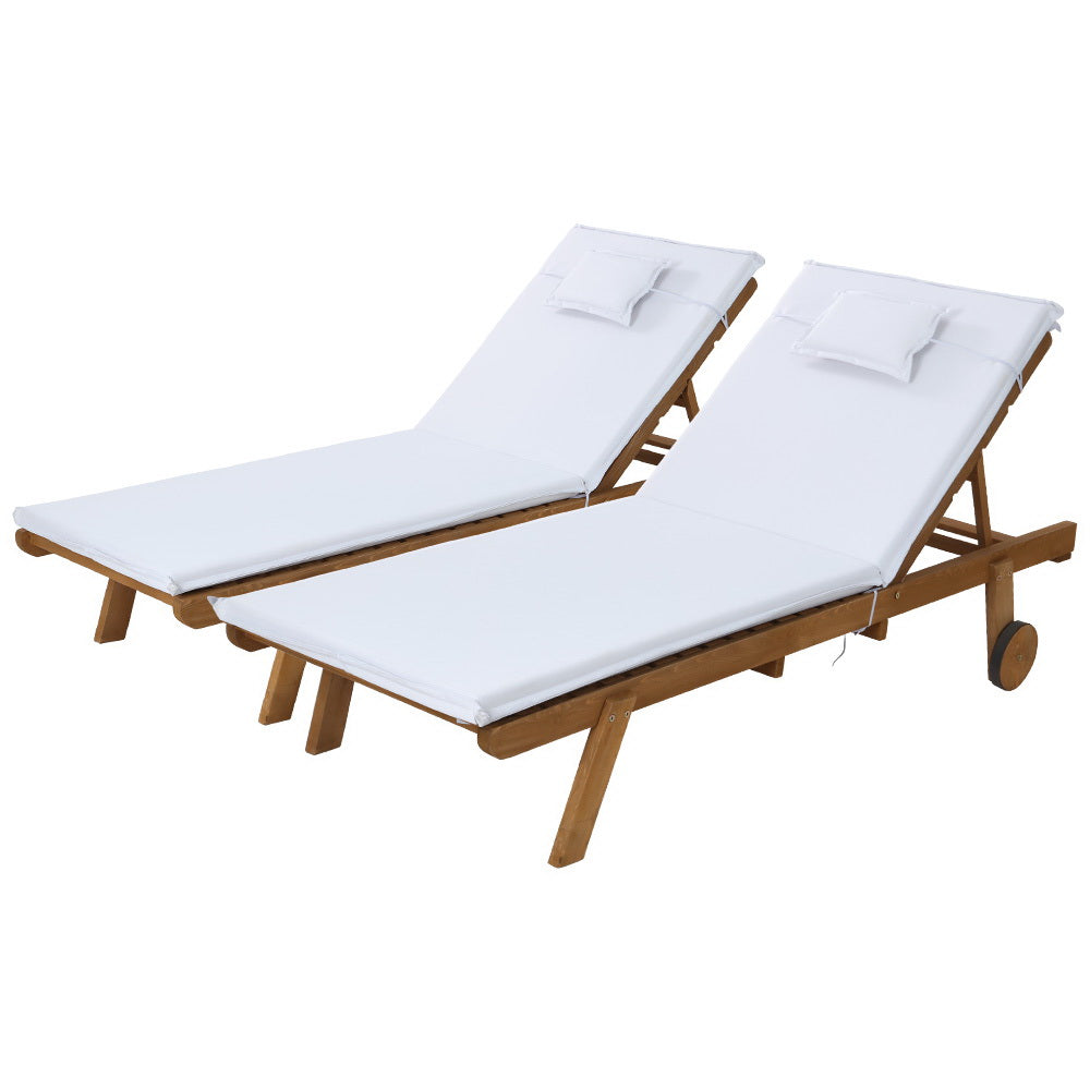 2x Sun Lounge Wooden Lounger Outdoor Furniture Day Bed Wheel Patio White