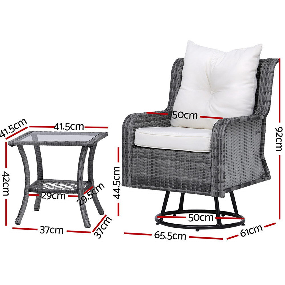 3PC Outdoor Furniture Bistro Set Lounge Wicker Swivel Chairs Table Cushion Grey