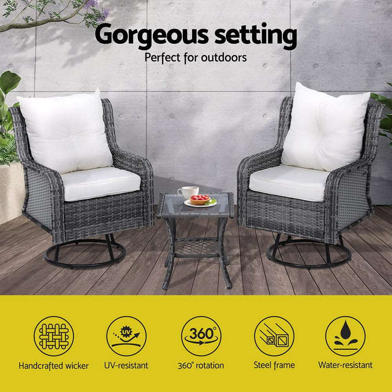 3PC Outdoor Furniture Bistro Set Lounge Wicker Swivel Chairs Table Cushion Grey