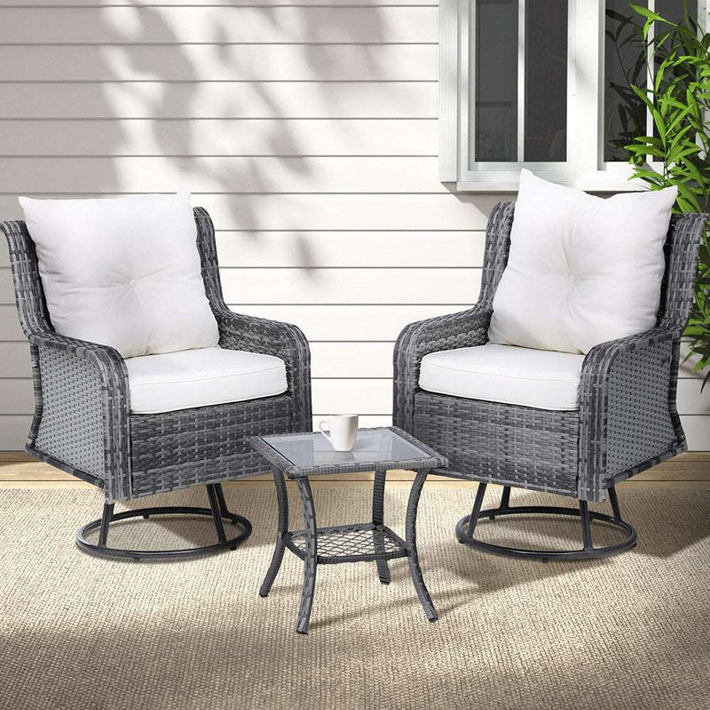 3PC Outdoor Furniture Bistro Set Lounge Wicker Swivel Chairs Table Cushion Grey