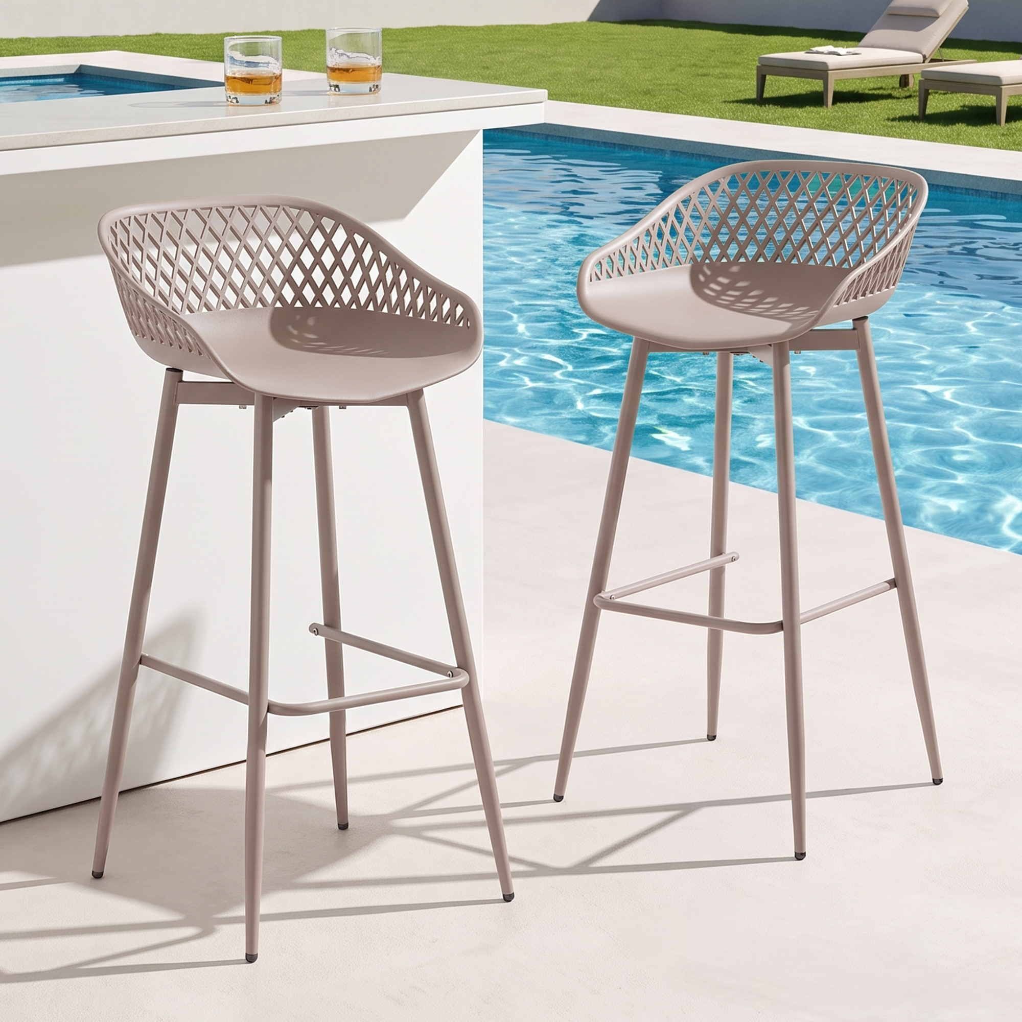 Set of 2 Outdoor Bar Stools with Plastic Seat and Metal Frame - Coffee