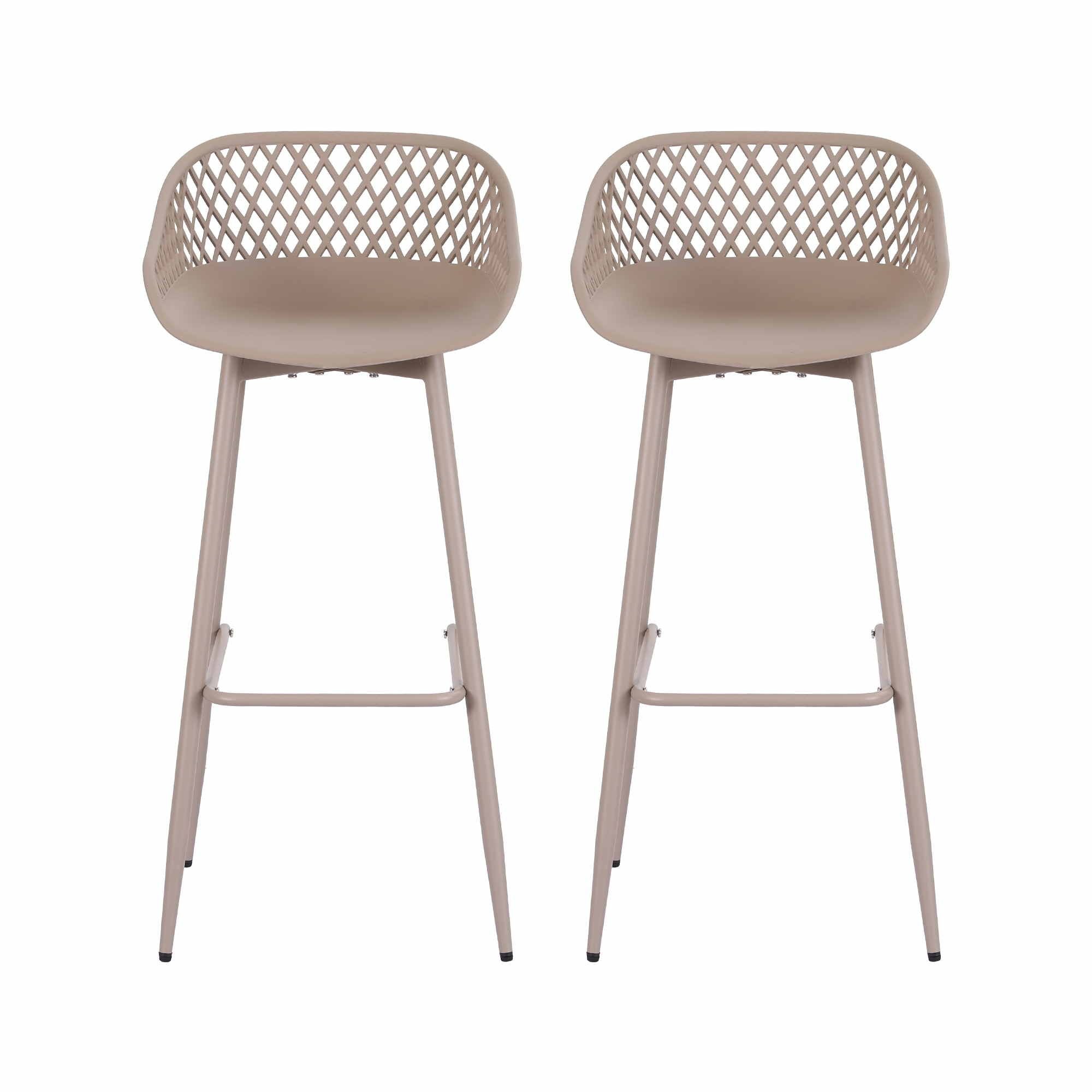 Set of 2 Outdoor Bar Stools with Plastic Seat and Metal Frame - Coffee