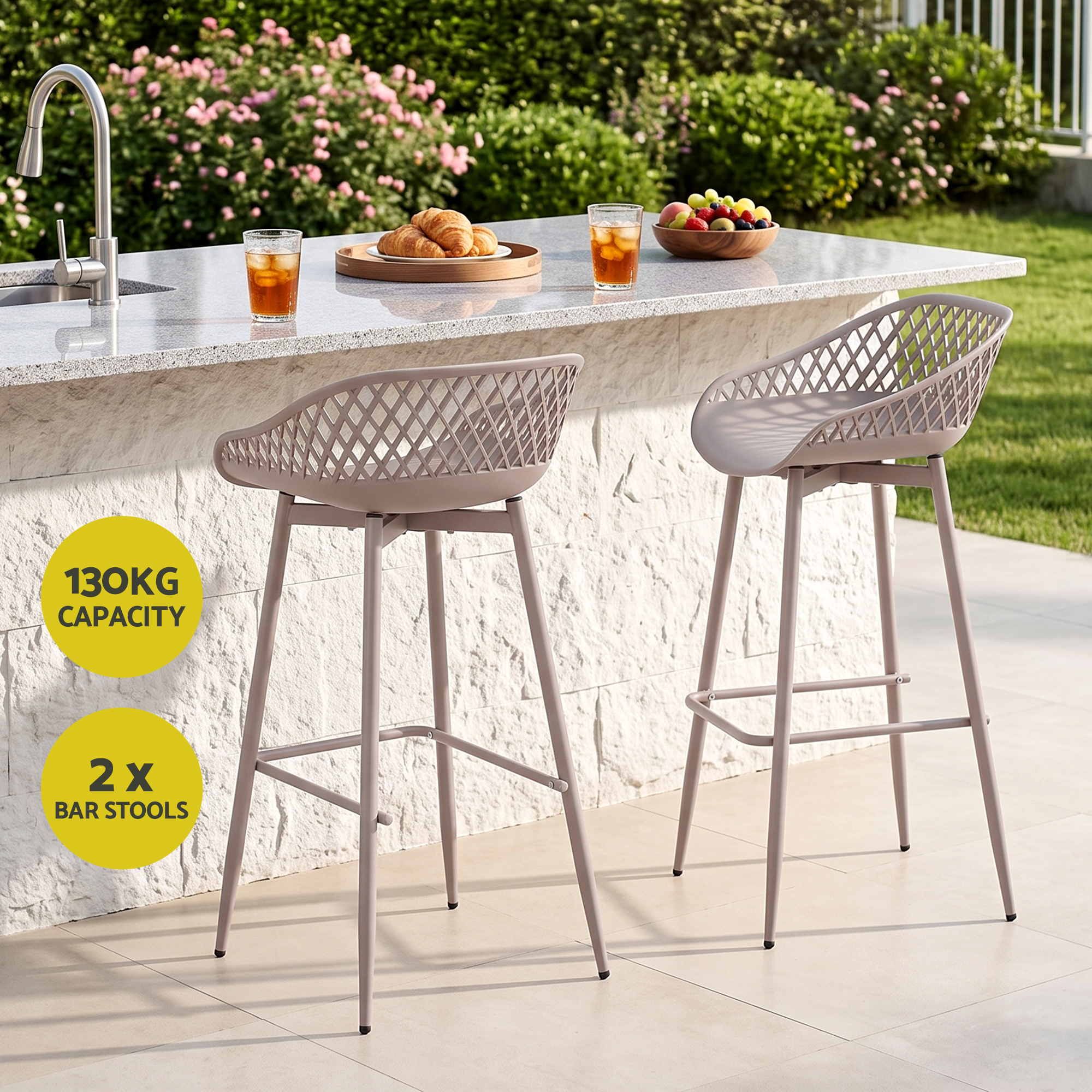 Set of 2 Outdoor Bar Stools with Plastic Seat and Metal Frame - Coffee